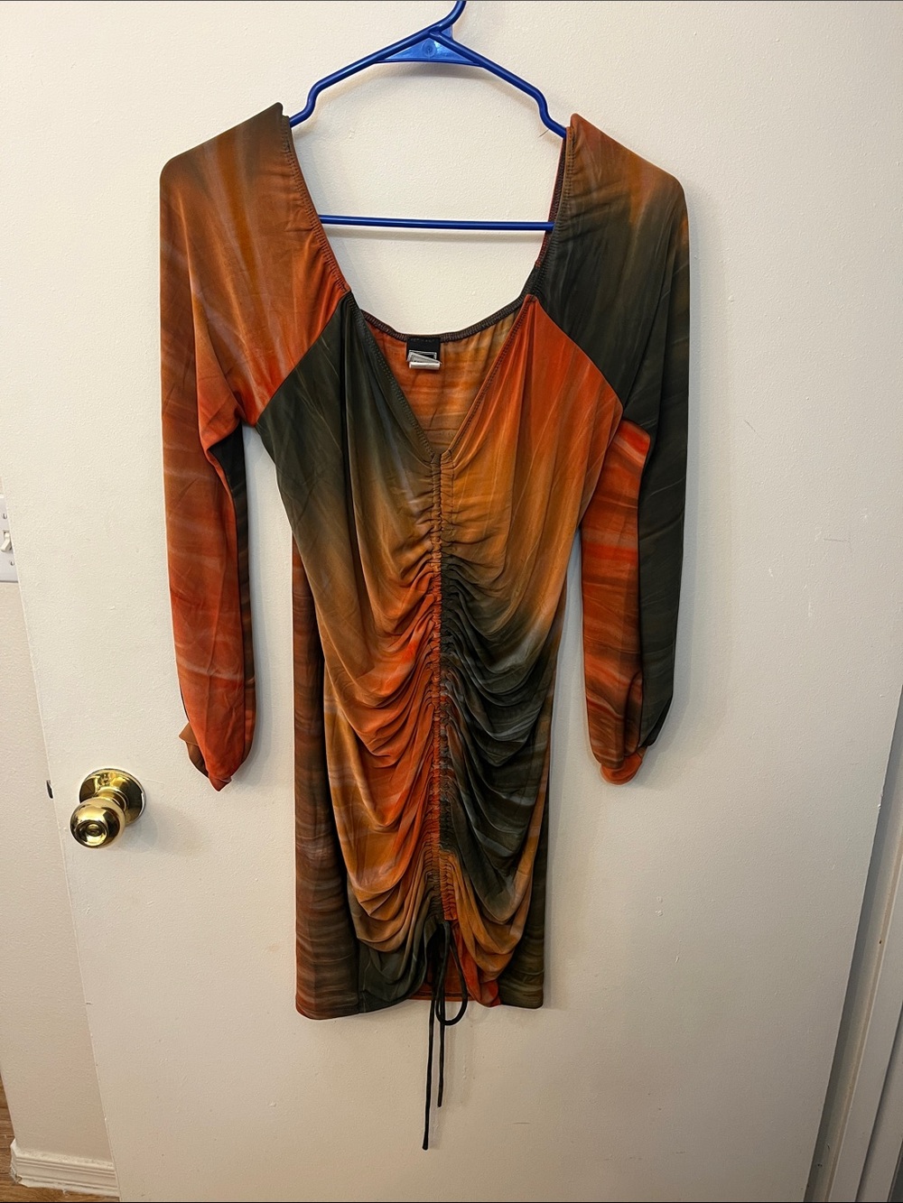 Libian Ruched Long Sleeve Dress in Burnt Orange and Olive